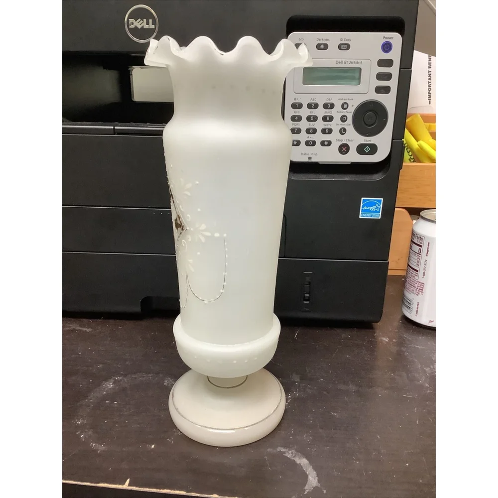 Victorian Hand Blown Frosted Satin Glass Mantel Vase Ruffled Rim Painted 11”